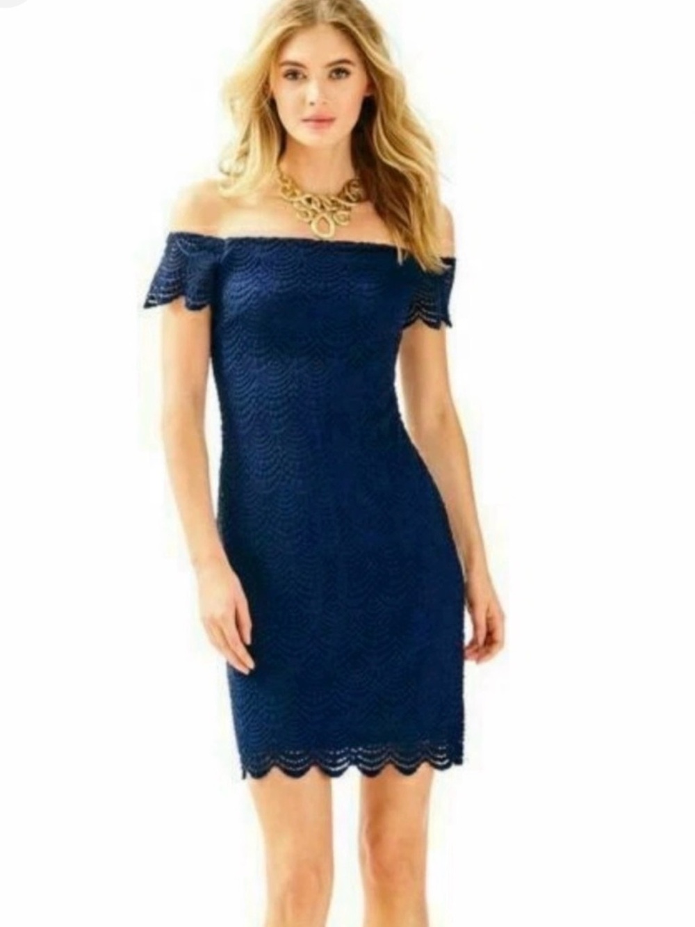 Lilly Pulitzer Off Shoulder Lace Jade Dress in Navy / Medium